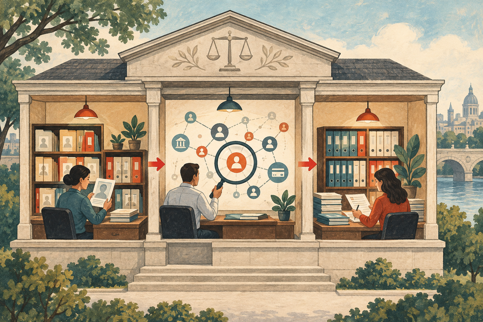 Illustration of connected identity checks, transaction monitoring and bank records.