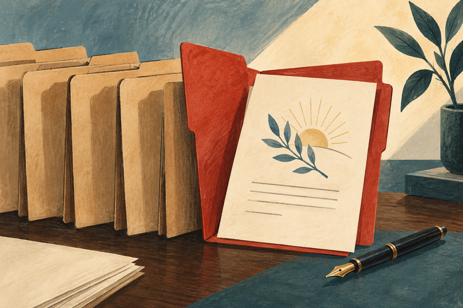 Illustration of legal files and a clemency document marking a change in a case timeline.