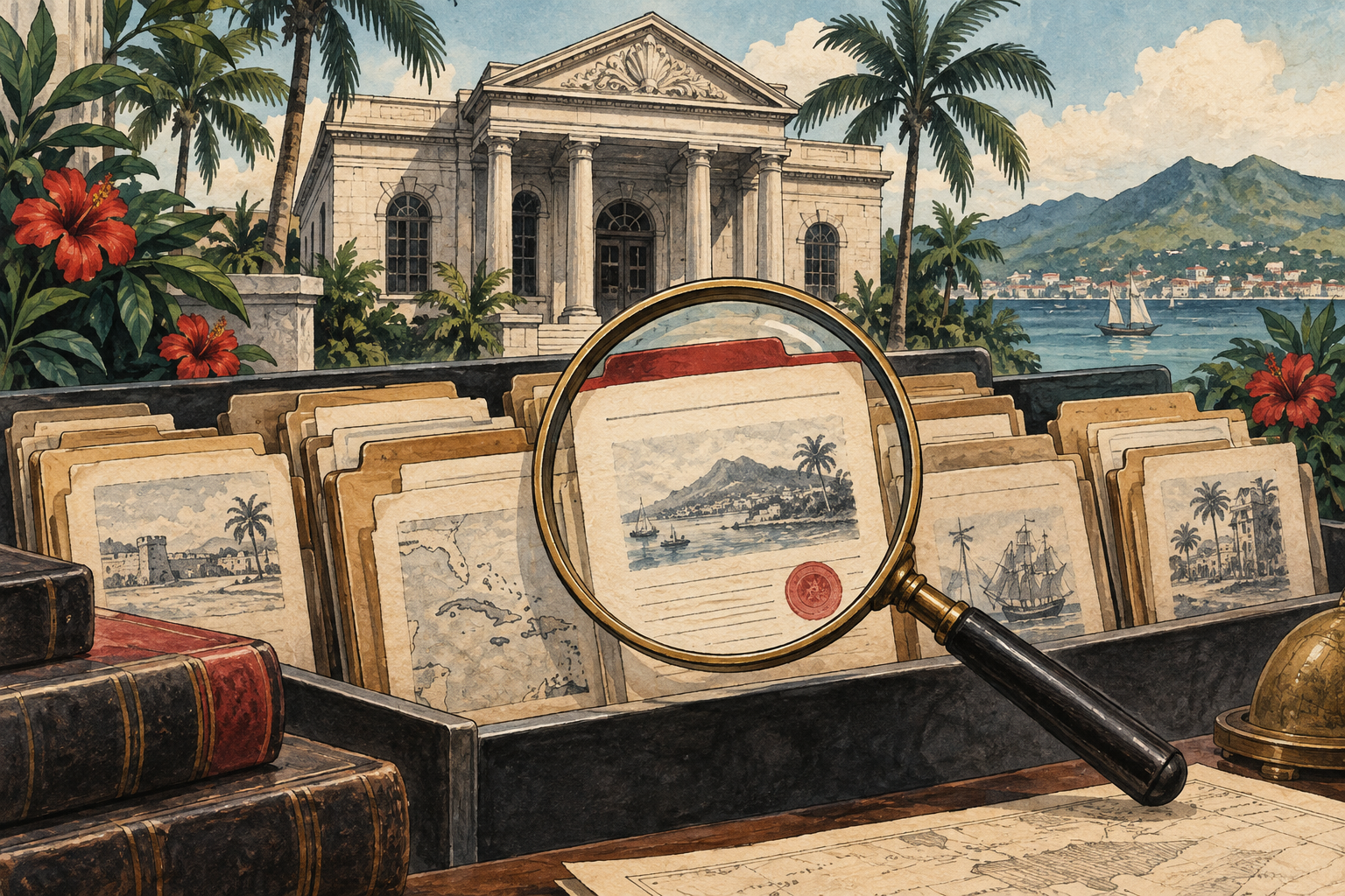 Illustration of a bank building and an open archive of regulatory records.