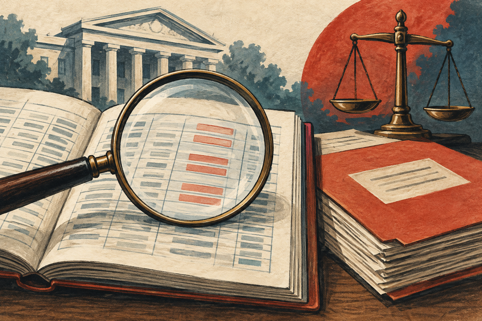 Illustration of a bank ledger and civil-enforcement review.