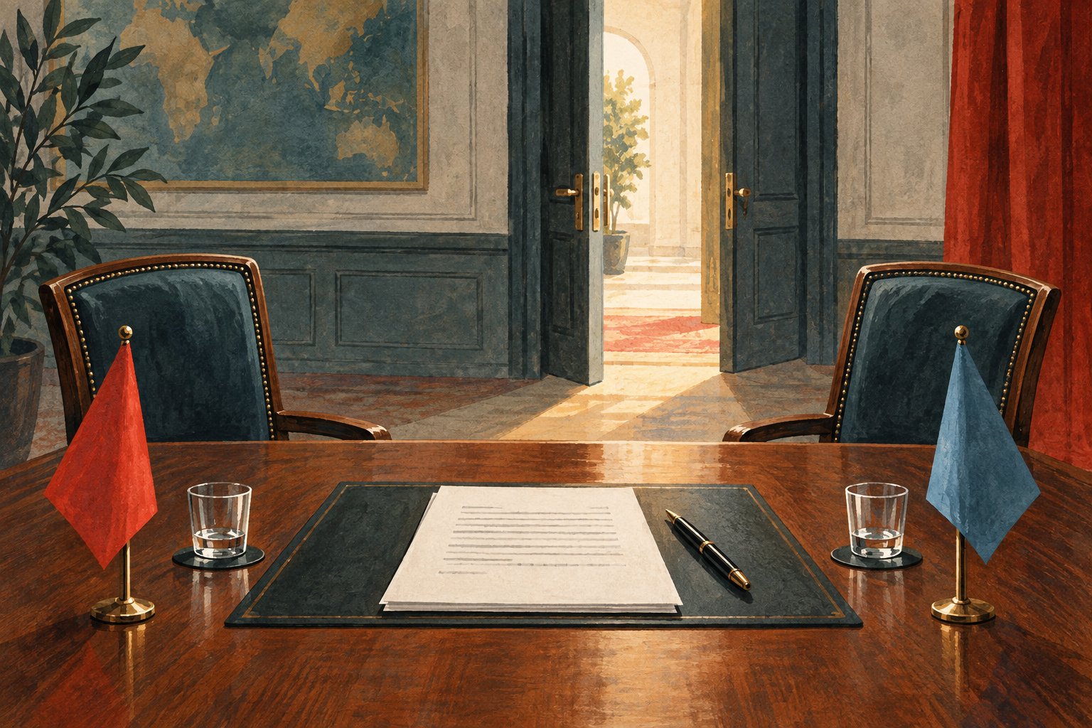 Illustration of an unsigned draft on a diplomatic negotiating table.