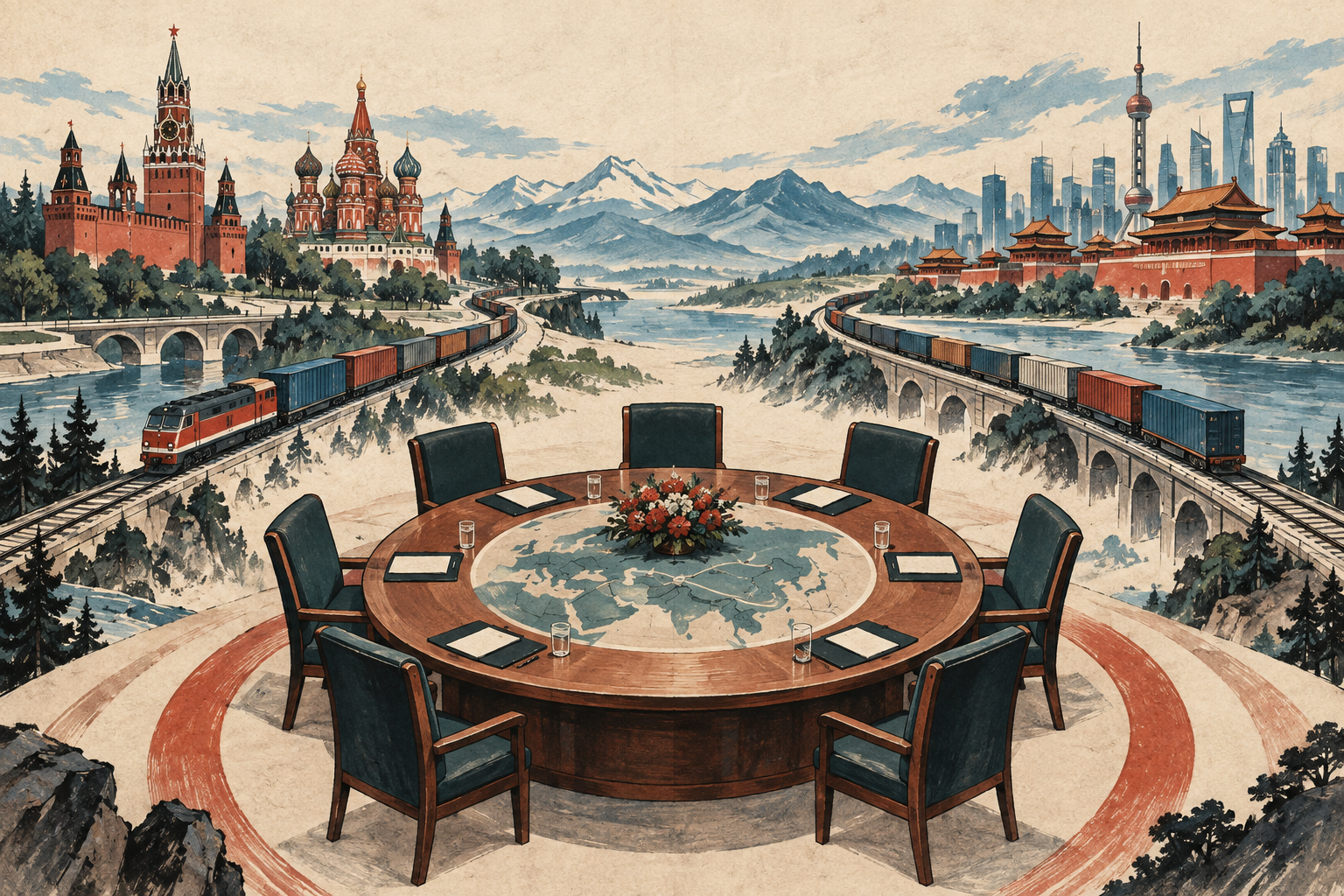 Illustration of diplomatic talks and trade routes linking two city skylines.