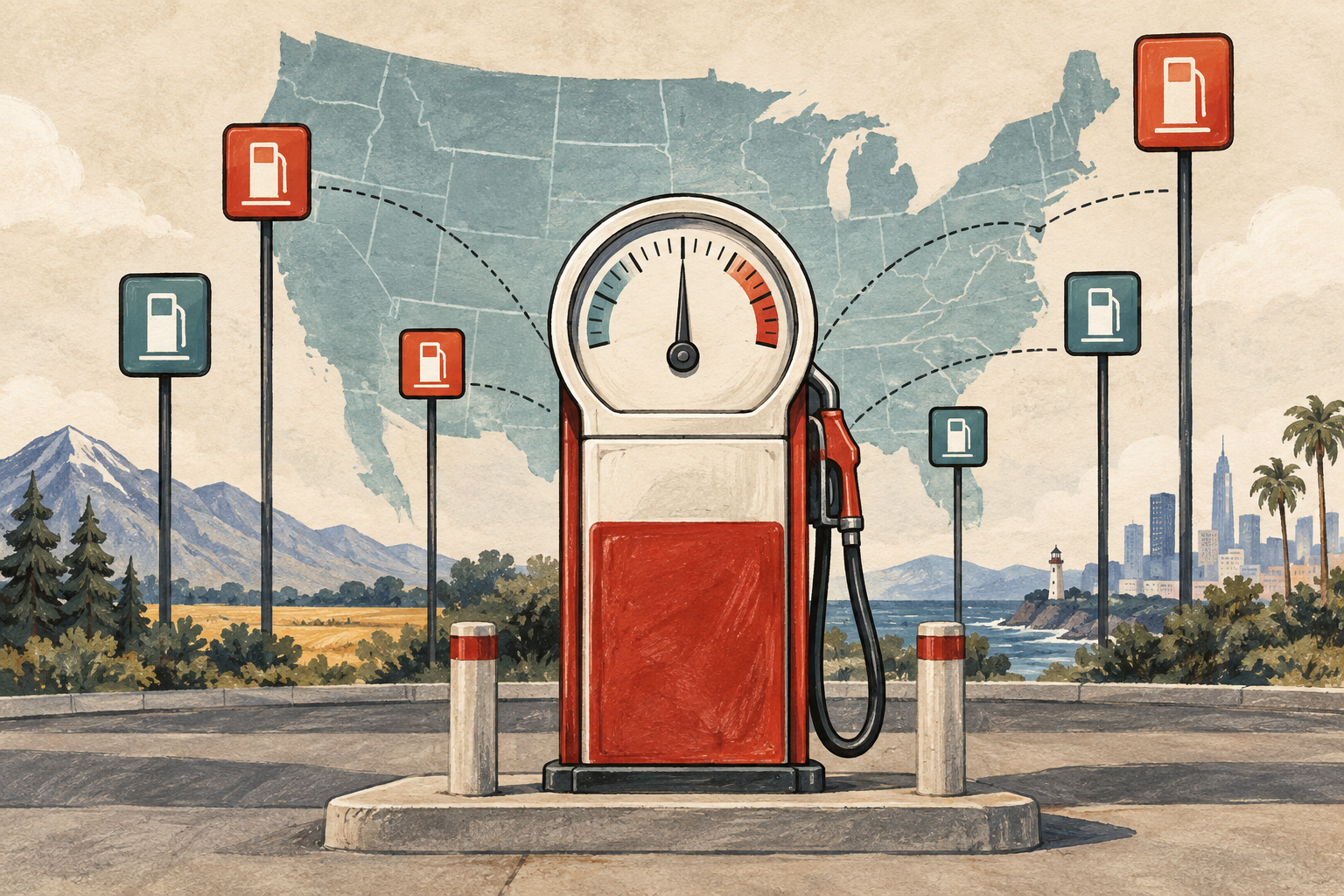 Illustration of a fuel pump and varied price markers around an average.