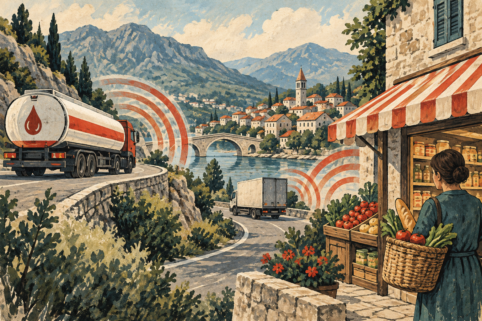 Illustration of fuel costs passing through transport to a neighborhood shop.