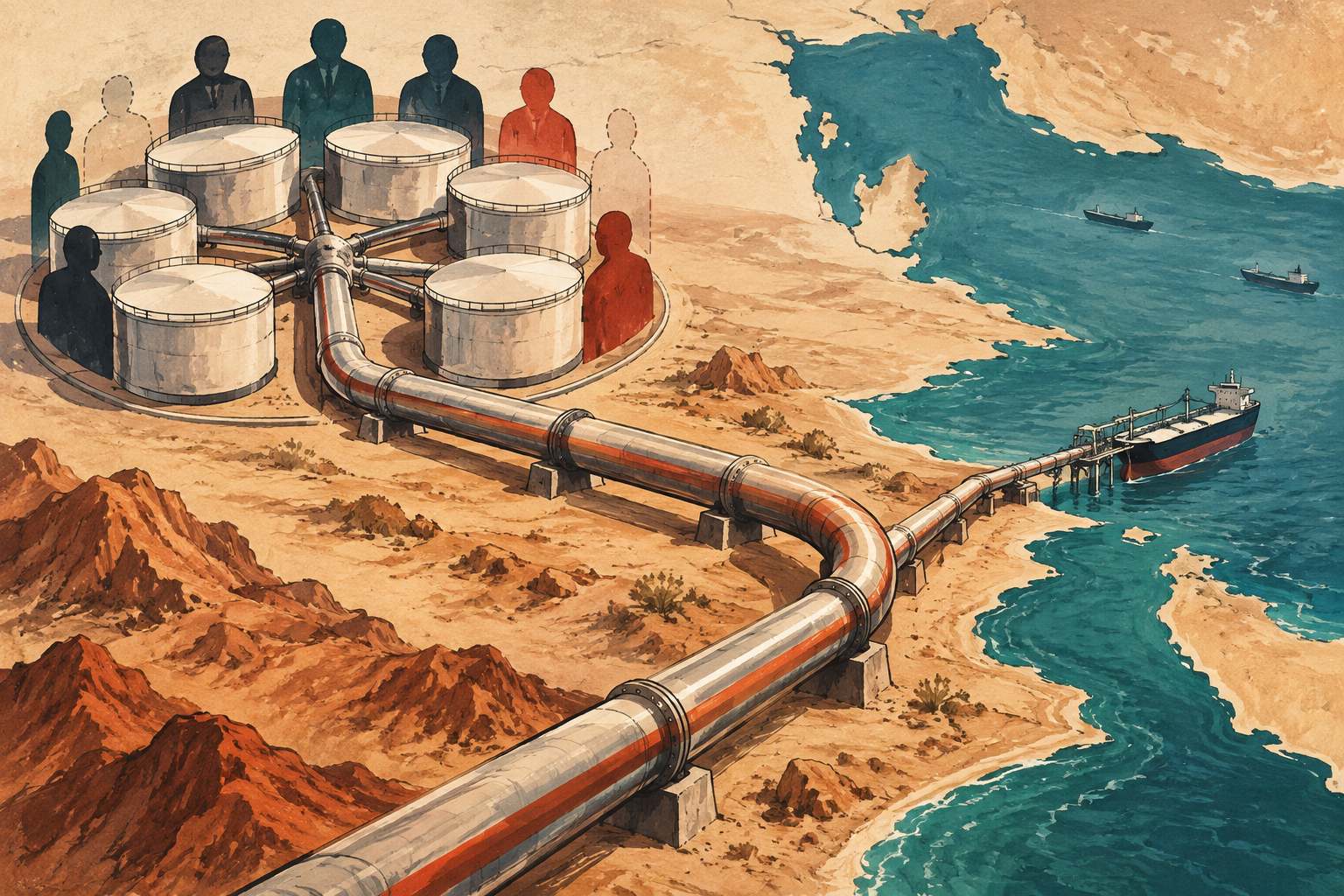 Illustration of an oil pipeline branching from a shared network.