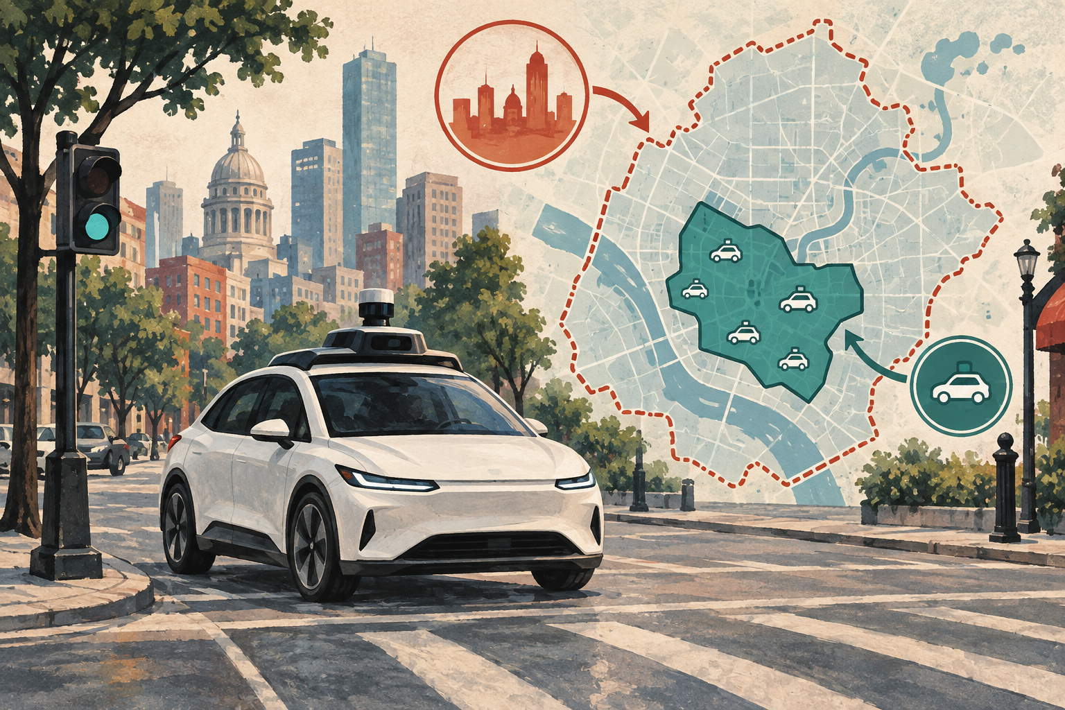 Illustration of an autonomous taxi within a bounded city service area.