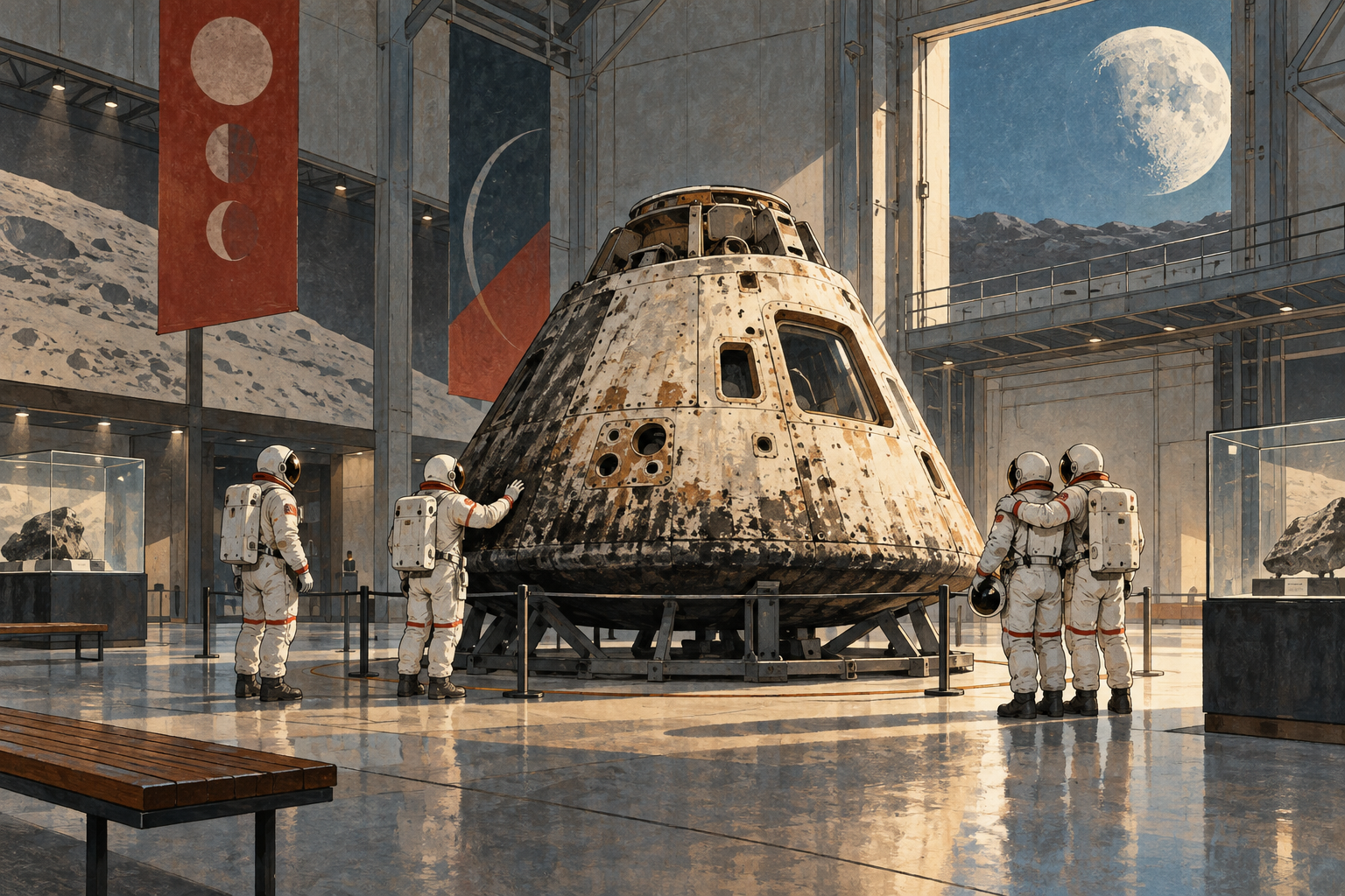 Illustration of four astronauts visiting a recovered lunar spacecraft.
