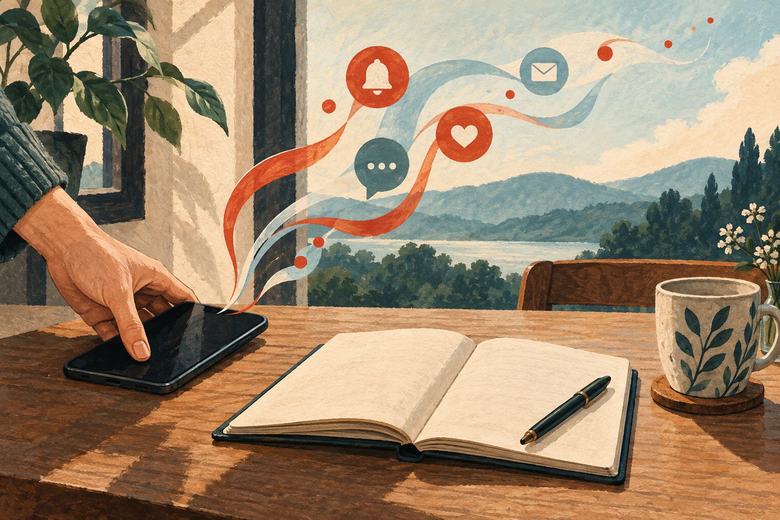 Illustration of a phone set beside a notebook as notification ribbons fade.