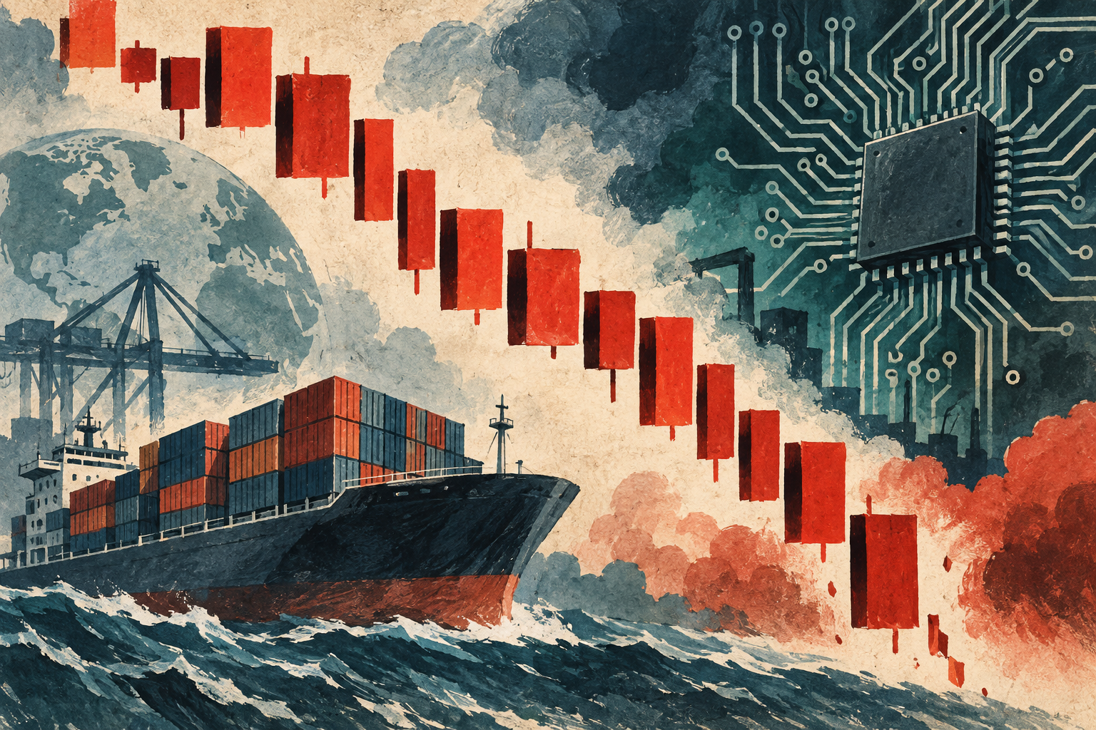 Illustration of falling market blocks beside trade and AI motifs.