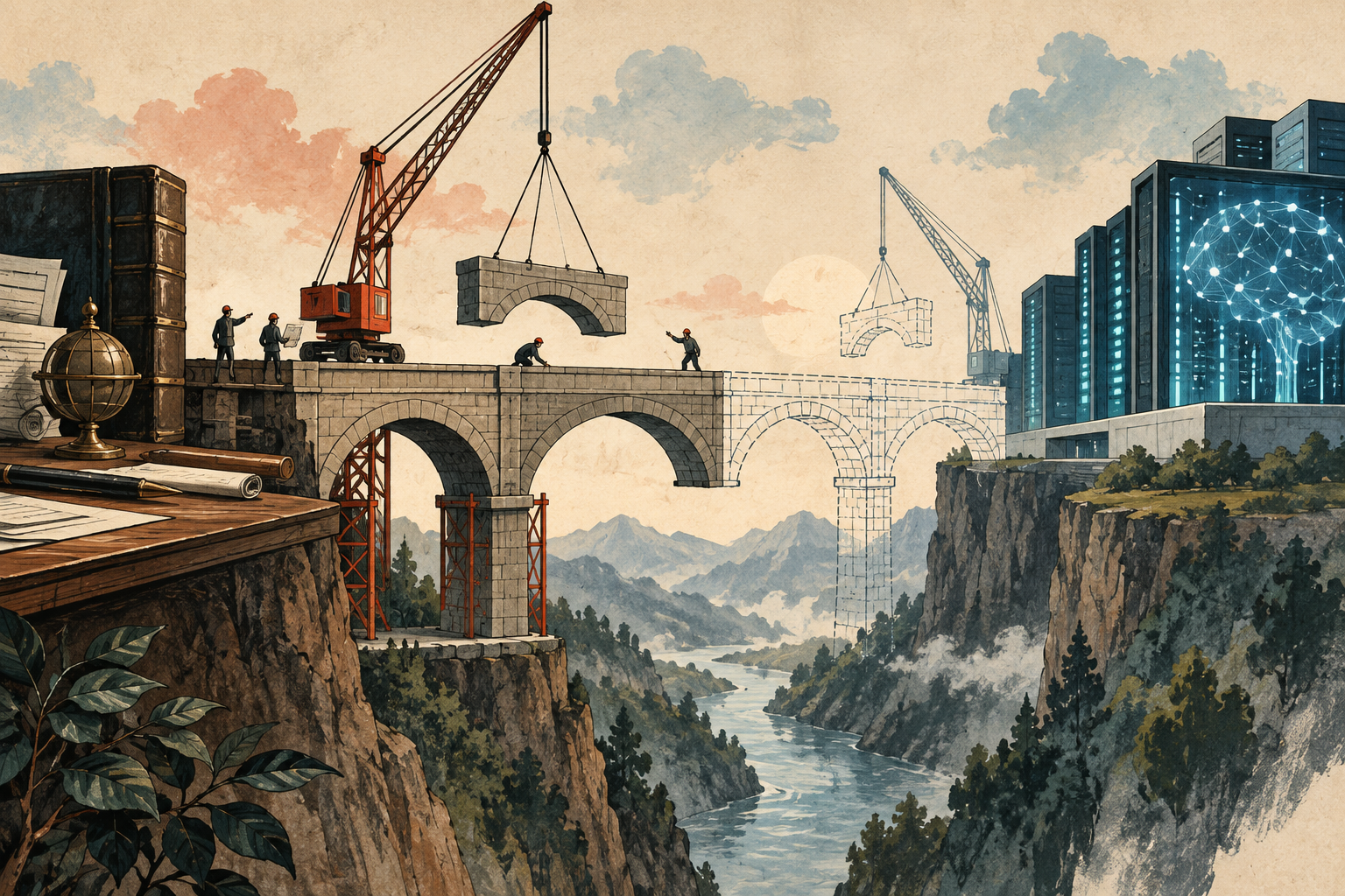Illustration of a partly built bridge between investment capital and AI infrastructure.