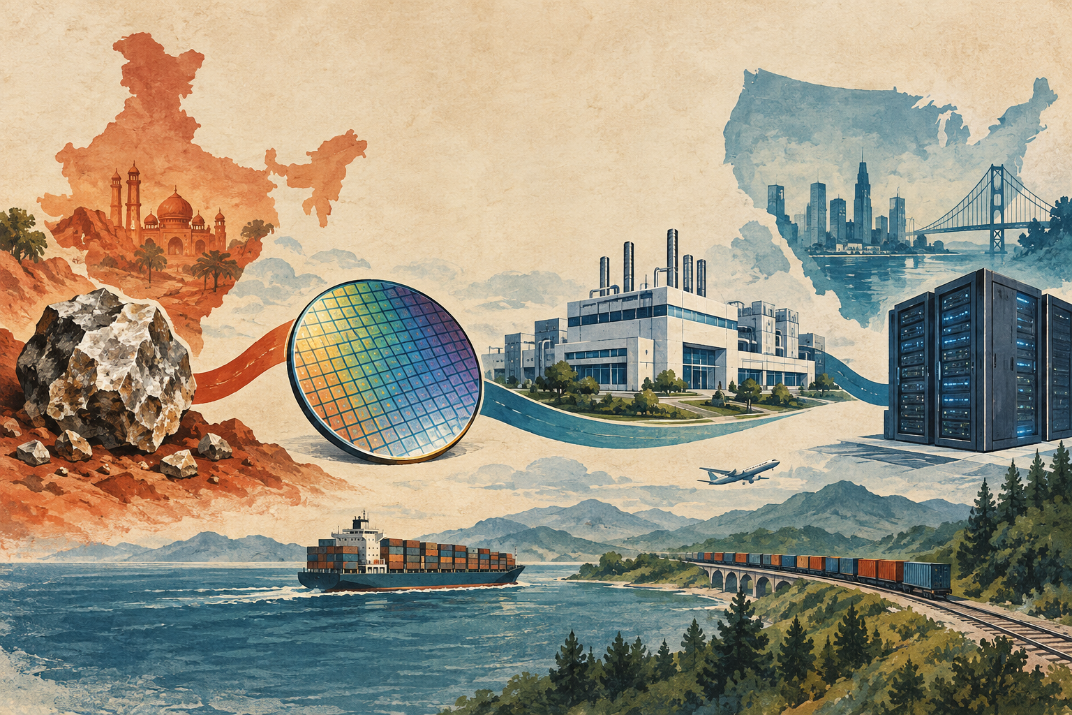 Illustration of a supply chain connecting minerals, semiconductors and computing.