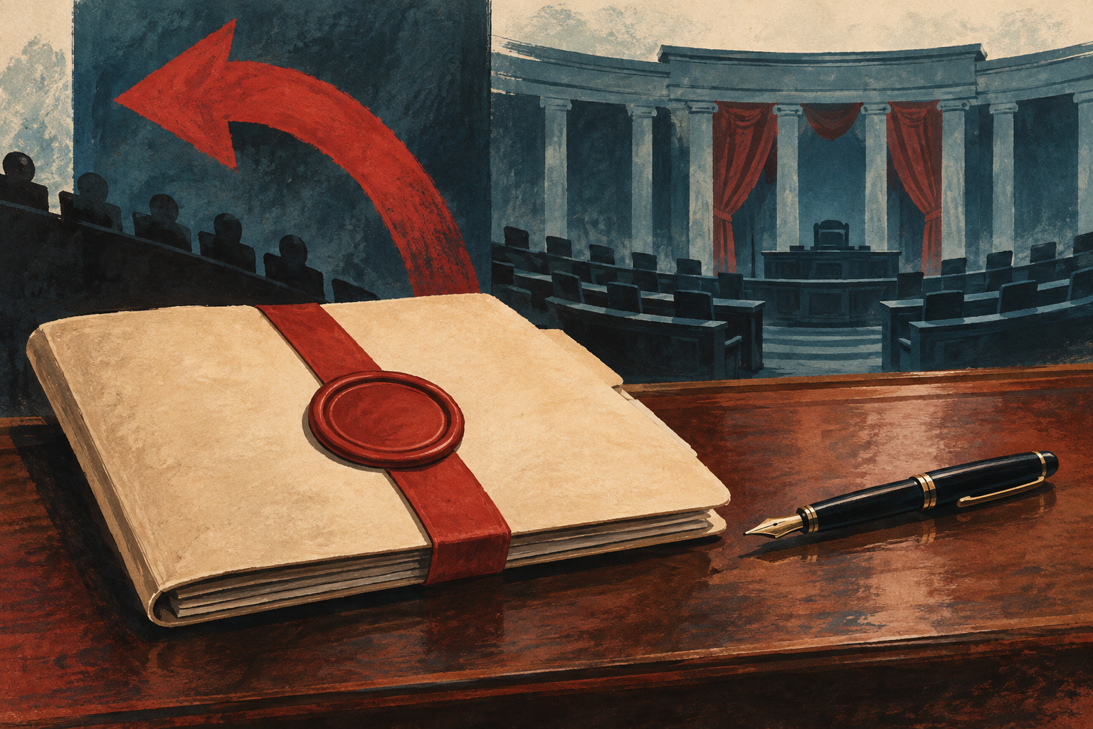 Illustration of a closed funding proposal beside a legislative chamber.