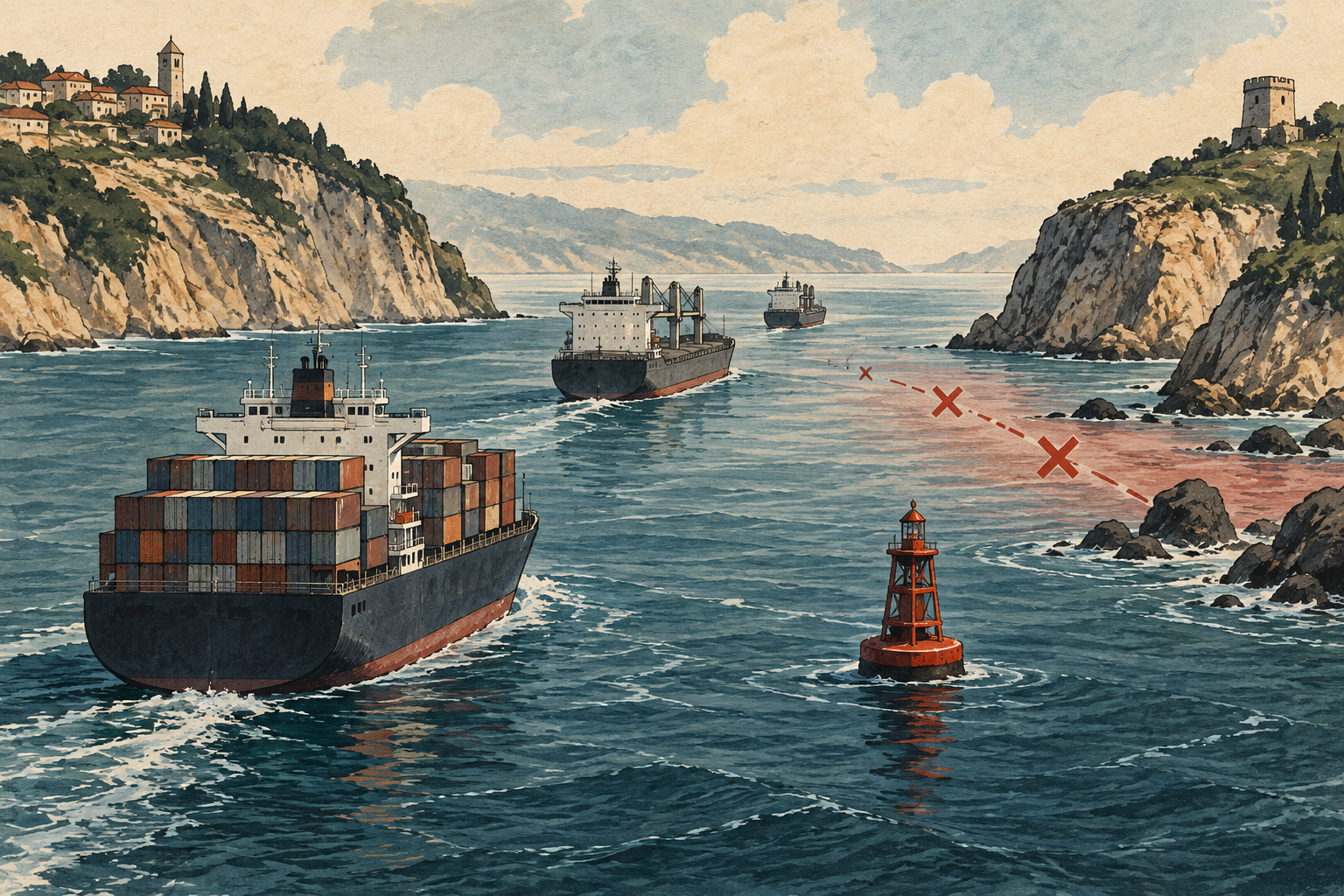 Illustration of commercial ships navigating a narrow and uncertain sea passage.