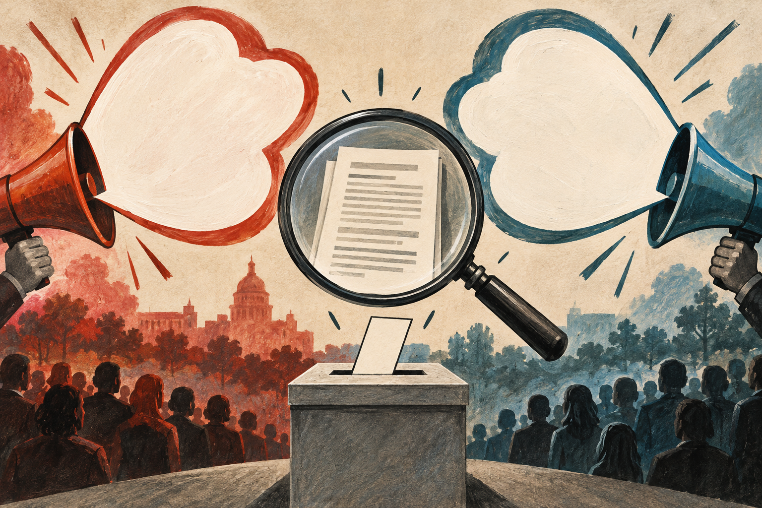 Illustration of campaign rhetoric being compared with a policy document.