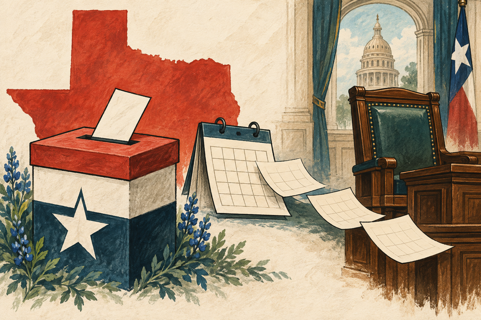 Illustration of a Texas primary ballot, calendar and continuing legislative term.
