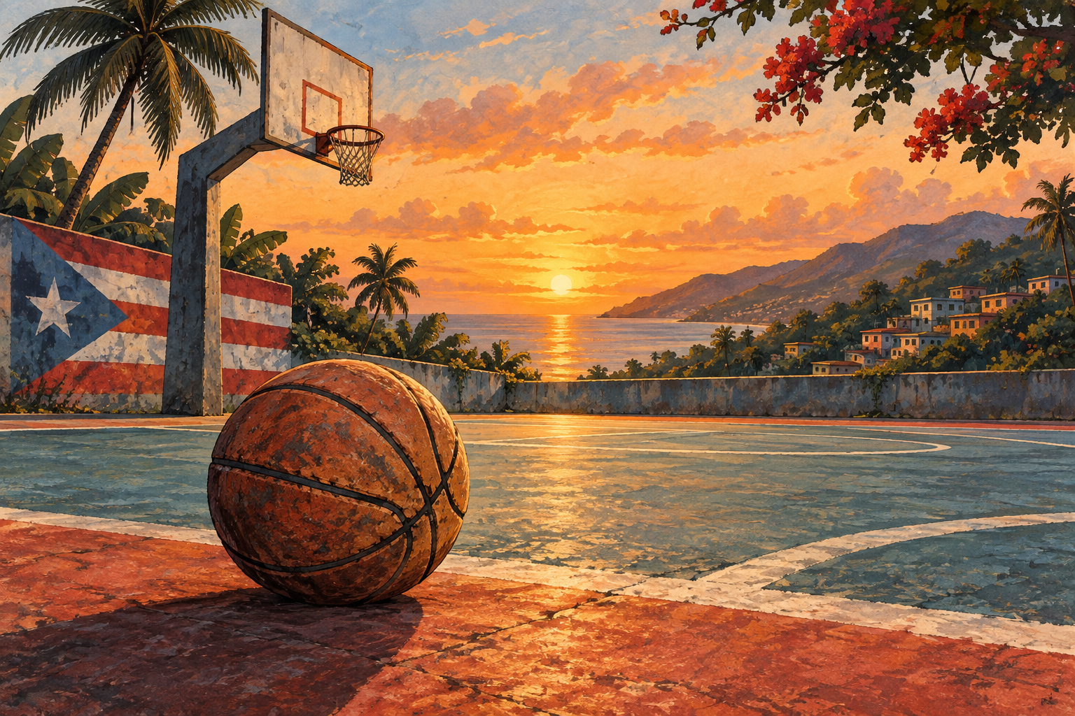 Illustration of a basketball on a quiet Puerto Rican court in tribute to a sporting legacy.