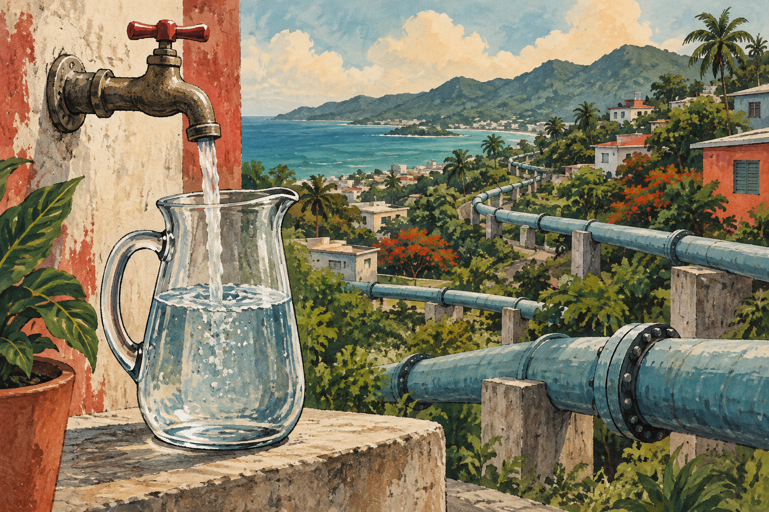 Illustration of a household tap and neighborhood water infrastructure.