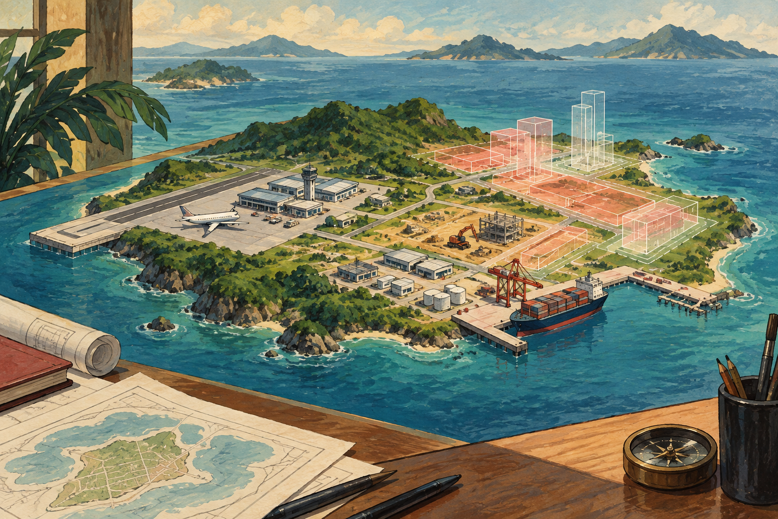 Illustration of projected infrastructure investment beside completed structures.