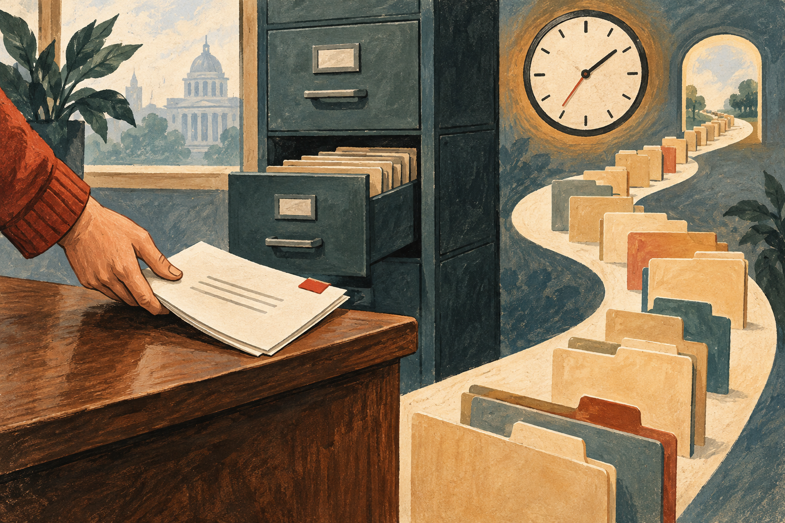 Illustration of a public-records request moving through an archive process.