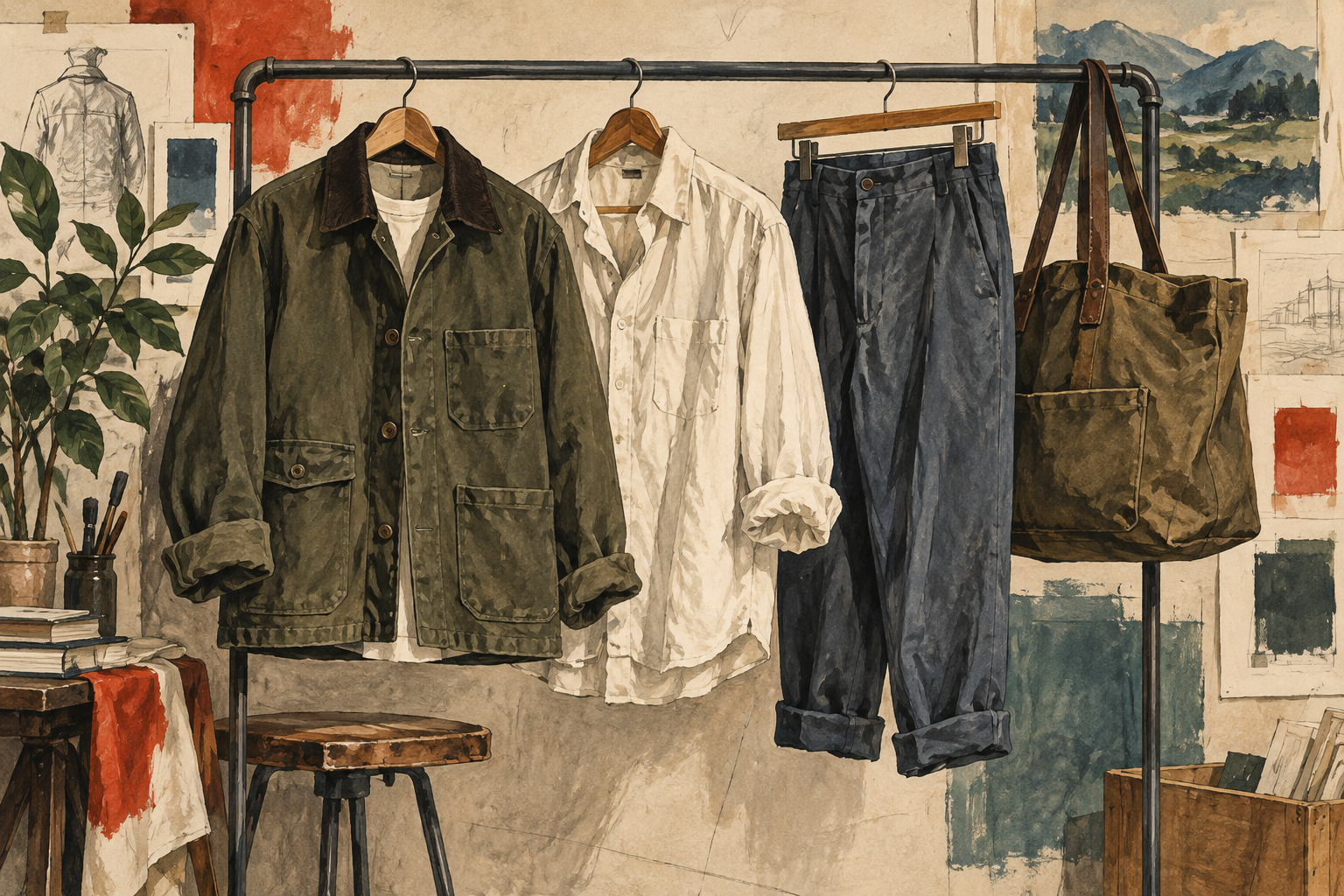 Illustration of everyday menswear shapes arranged in a fashion studio.