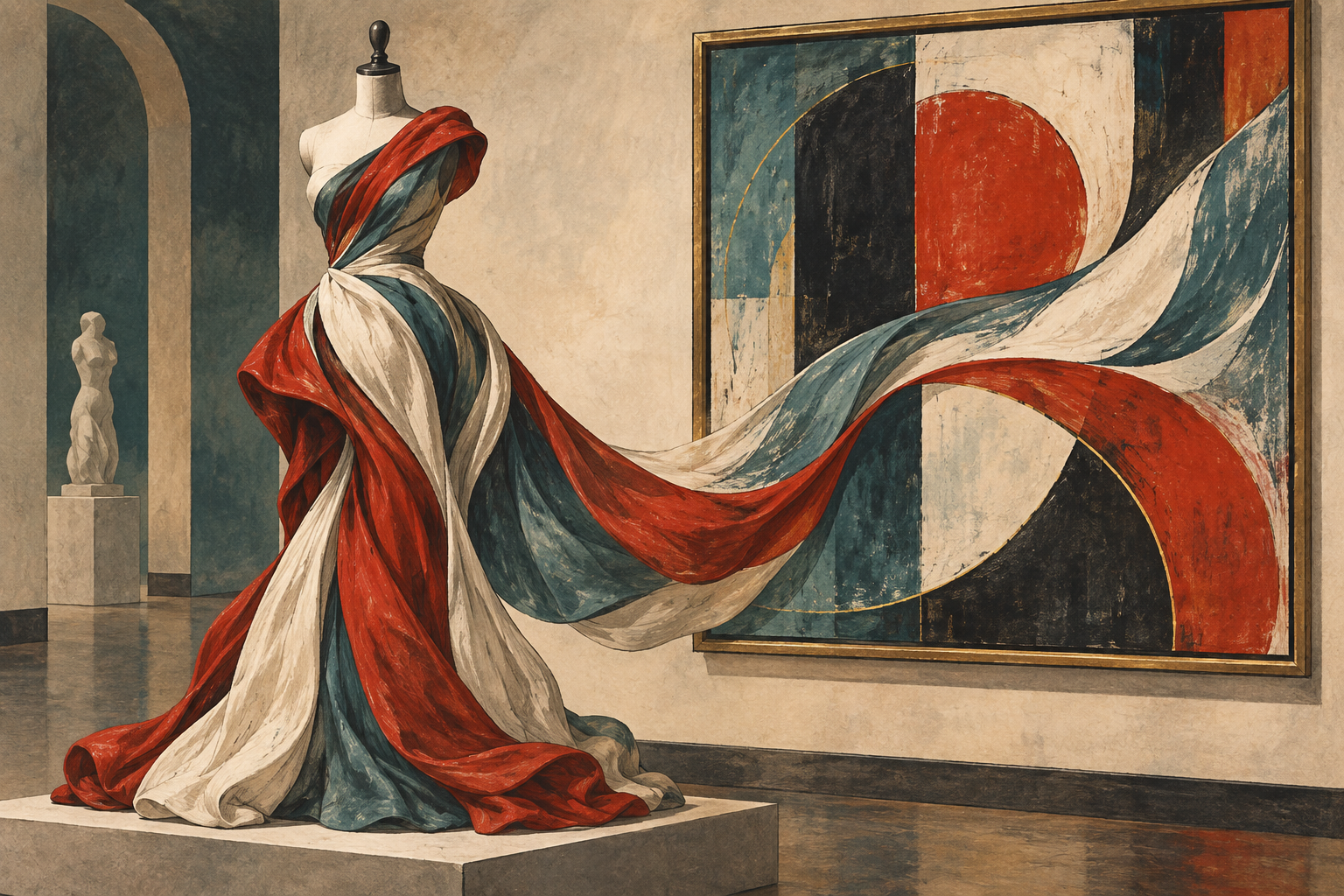 Illustration connecting a sculptural garment with a framed artwork.
