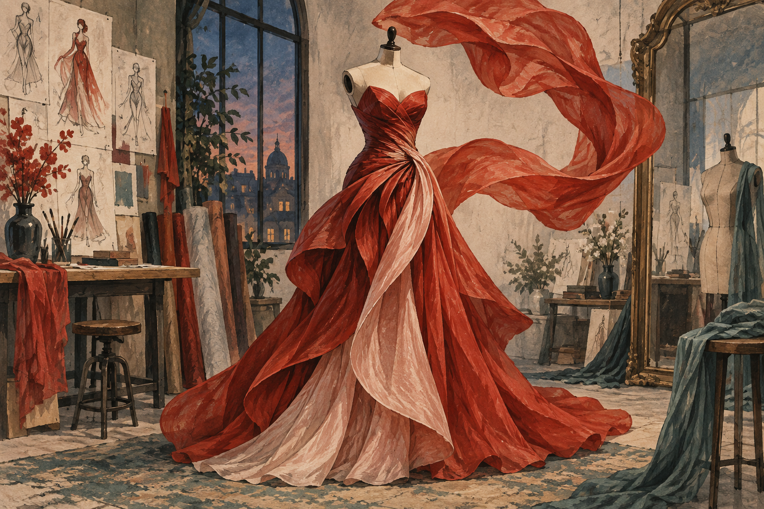 Illustration of a sculptural evening gown and surreal fabric forms.