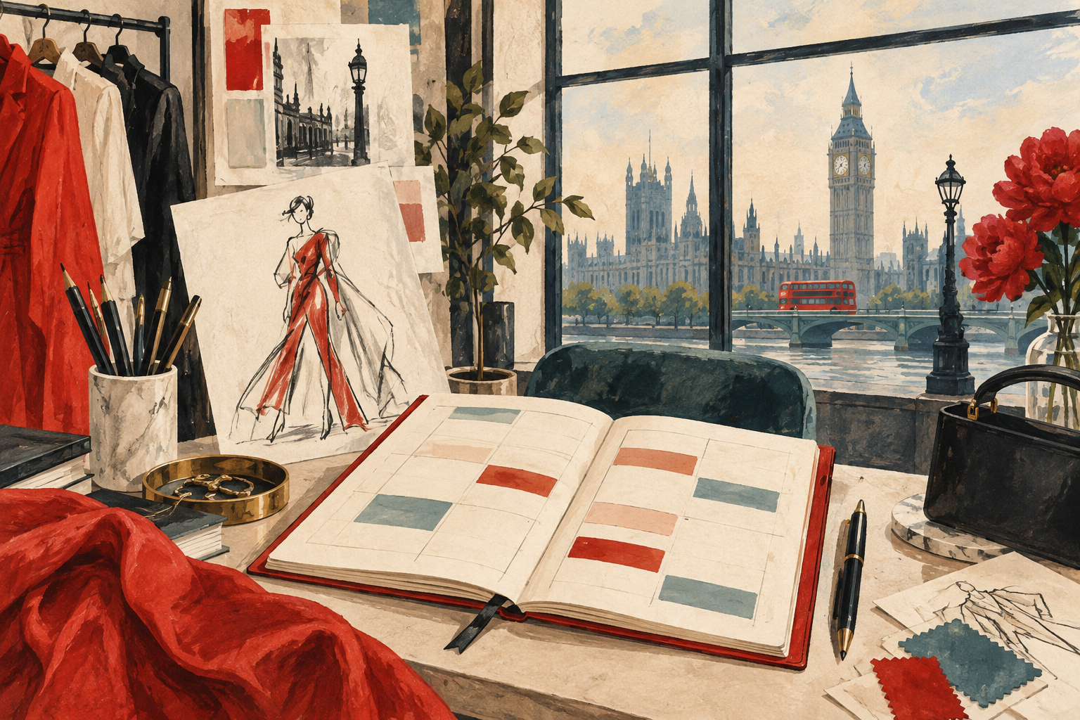 Illustration of a fashion schedule book beside a garment sketch in London.
