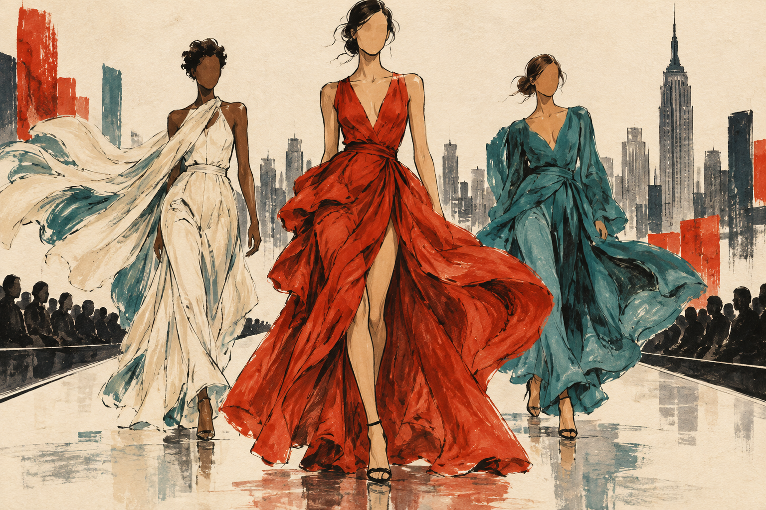 Illustration of colorful flowing silhouettes on a New York-inspired runway.