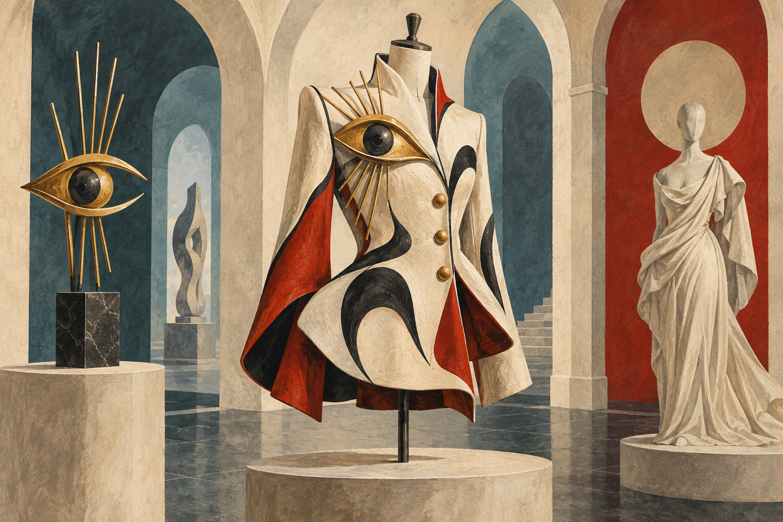 Illustration of surrealist fashion forms in an arched museum gallery.