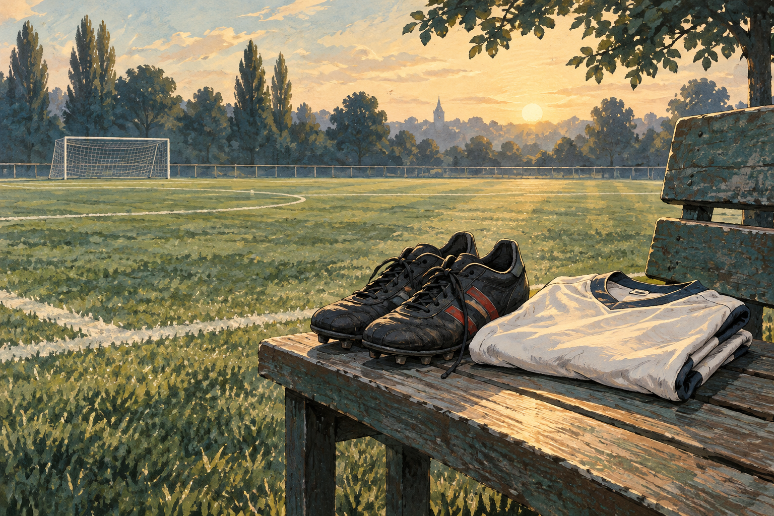 Illustration of football boots and a folded jersey beside a quiet pitch.