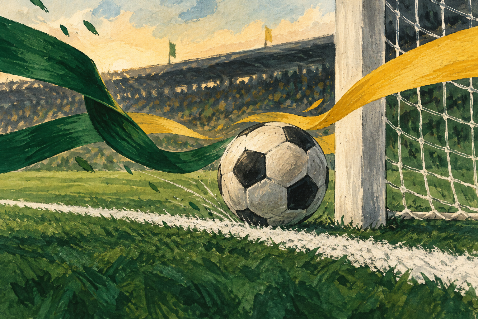 Illustration of a football crossing a goal line between contrasting team colors.