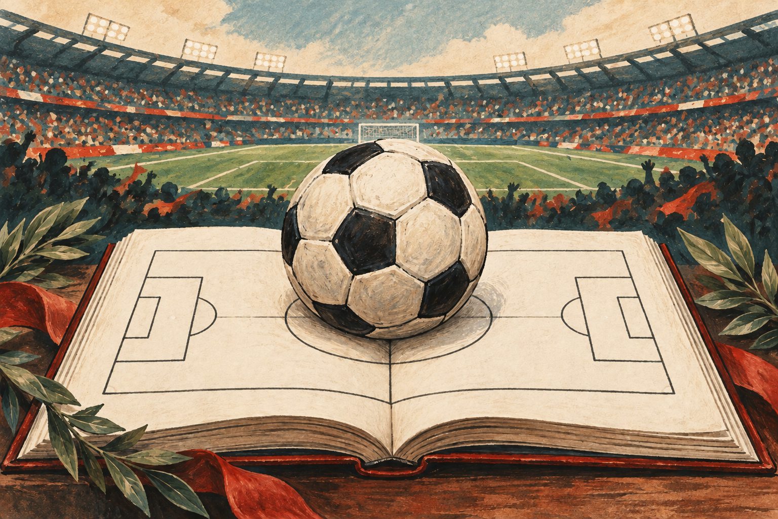 Illustration of a football on an open match-record book in front of a stadium.