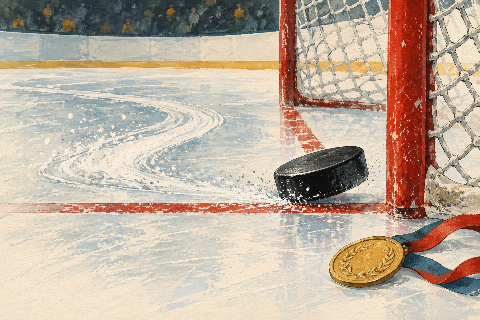 Illustration of a hockey puck crossing the goal line after a sweeping skate trail.