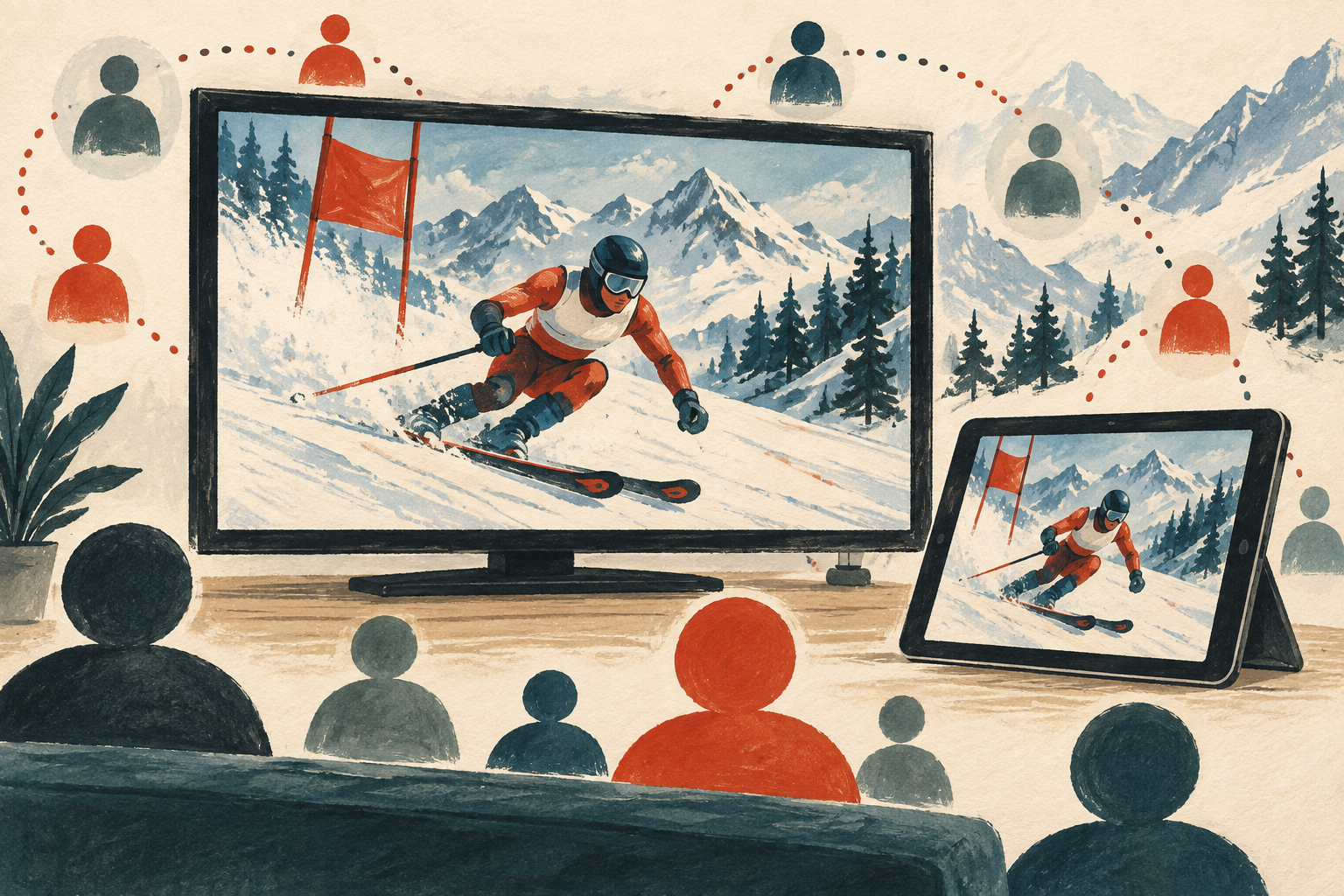 Illustration of winter-sport viewing across a television and tablet.