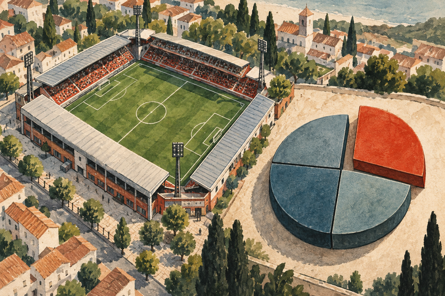 Illustration of a football stadium beside a one-quarter ownership diagram.