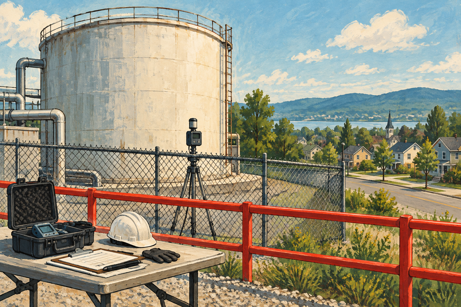 Illustration of an industrial tank inspection during recovery.