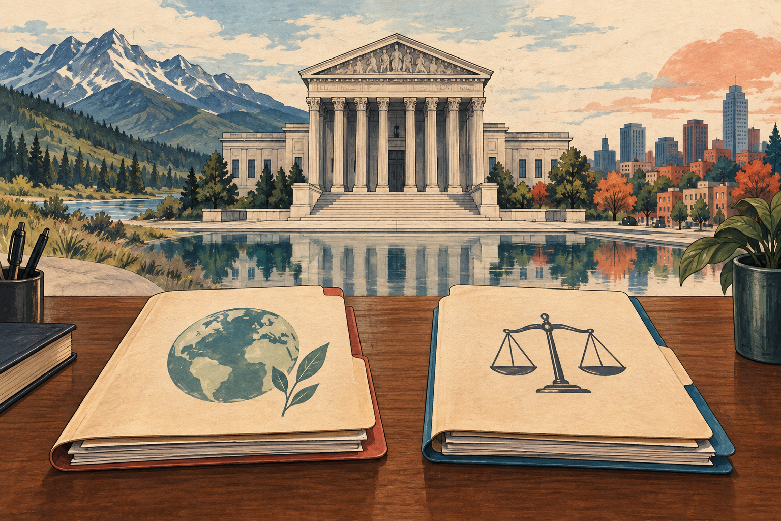 Illustration of a courthouse, climate context and two legal case files.