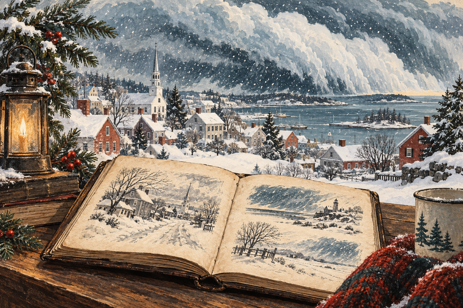 Illustration of a snow-covered town beside a historical weather log.