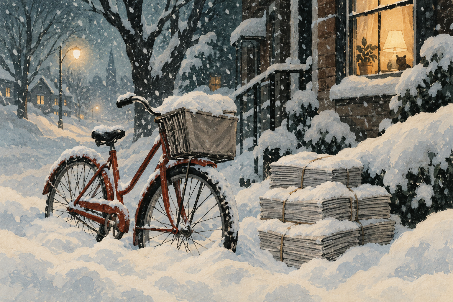 Illustration of snow interrupting newspaper delivery while a digital screen remains lit.