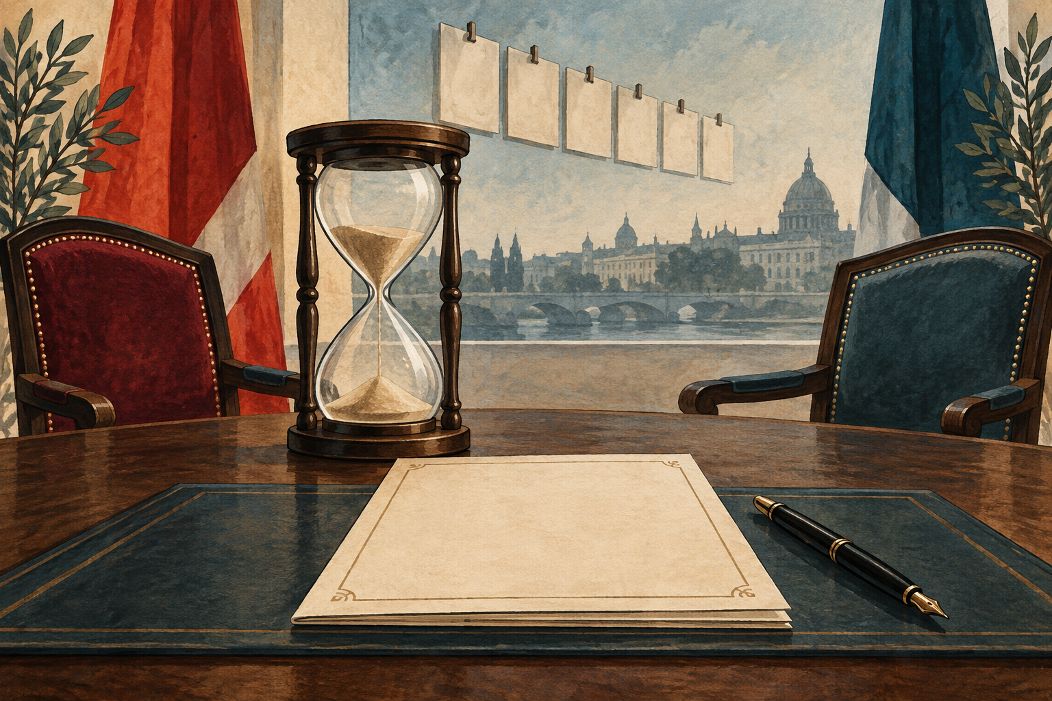 Illustration of an hourglass and an unsigned diplomatic proposal.