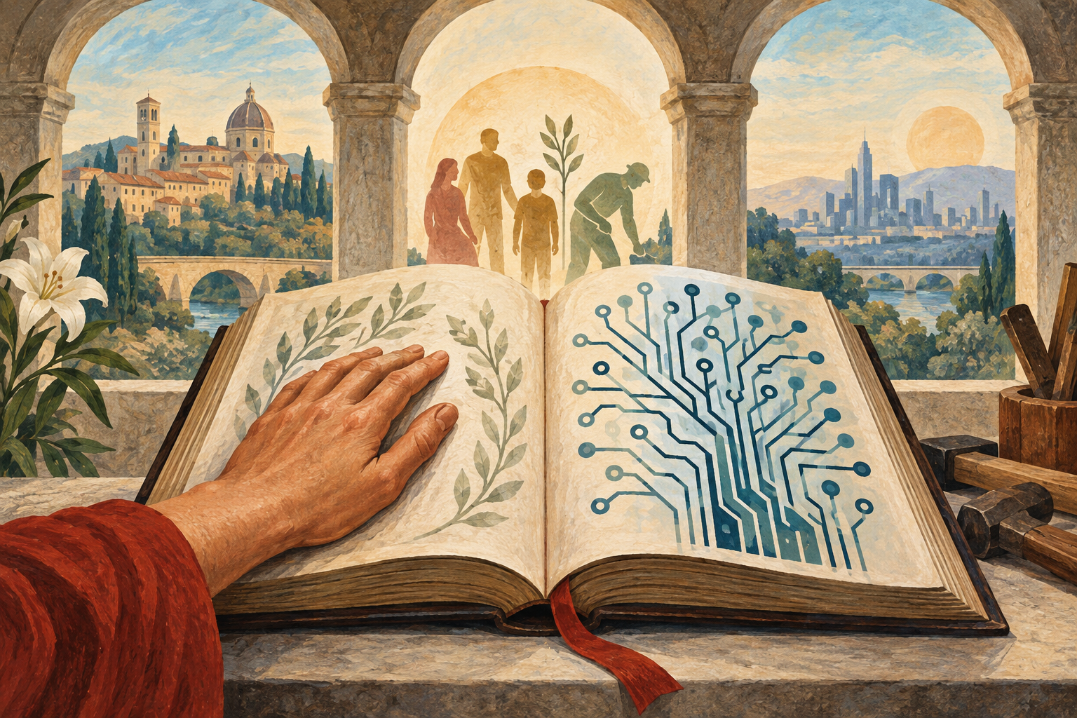 Illustration of human-centered ideas meeting AI circuit patterns in an open book.