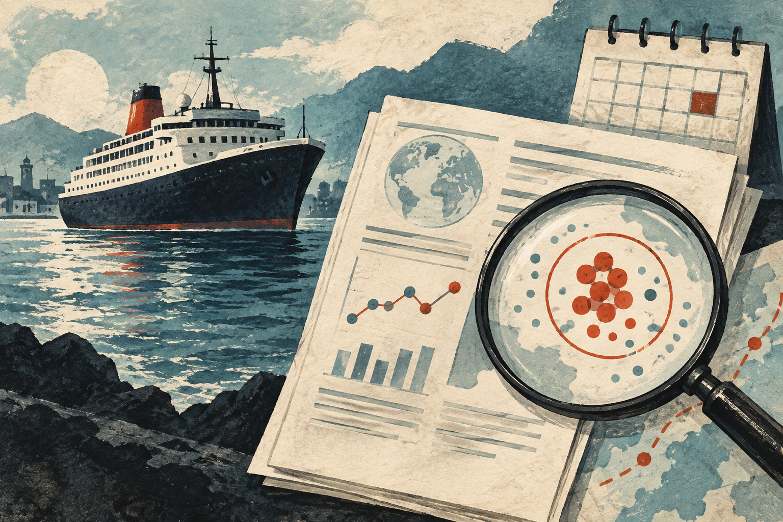 Illustration of a passenger ship beside a dated public-health assessment.