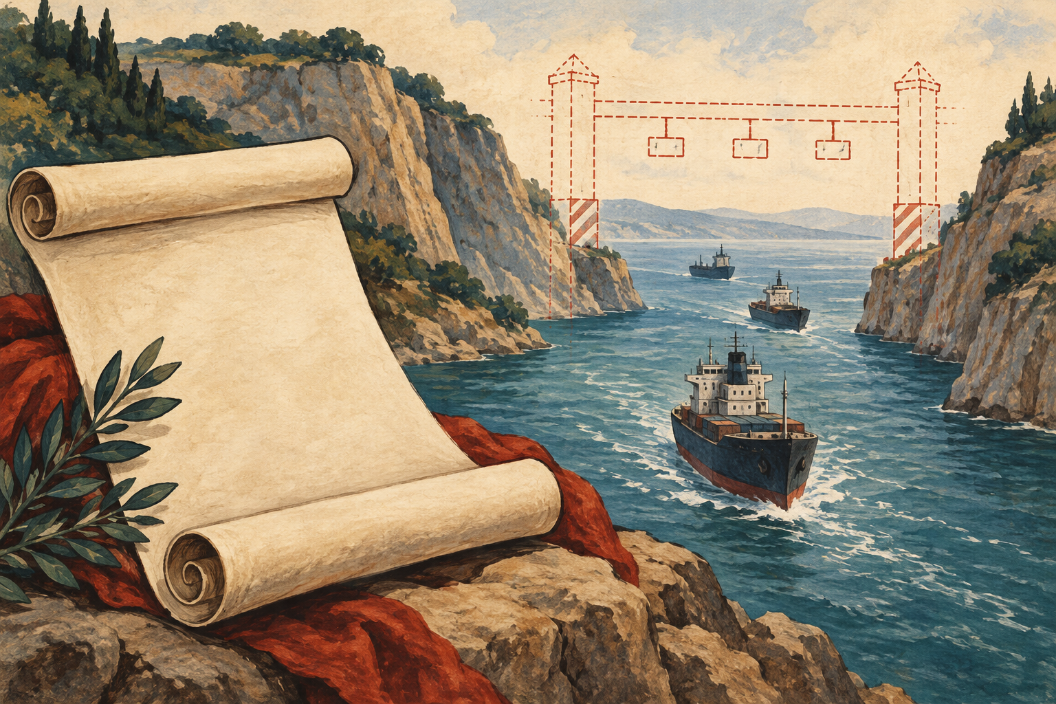 Illustration of a proposed toll gate beside a shipping passage and draft law.
