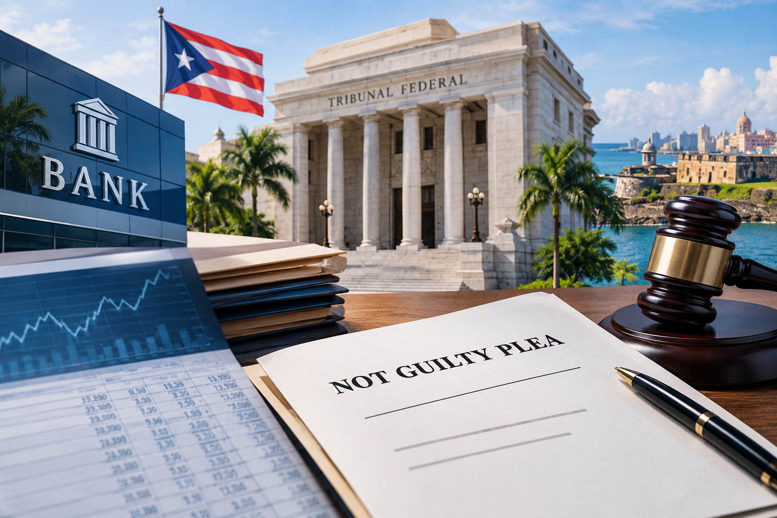 Editorial illustration about the Julio Herrera Velutini and Bancrédito federal case in Puerto Rico