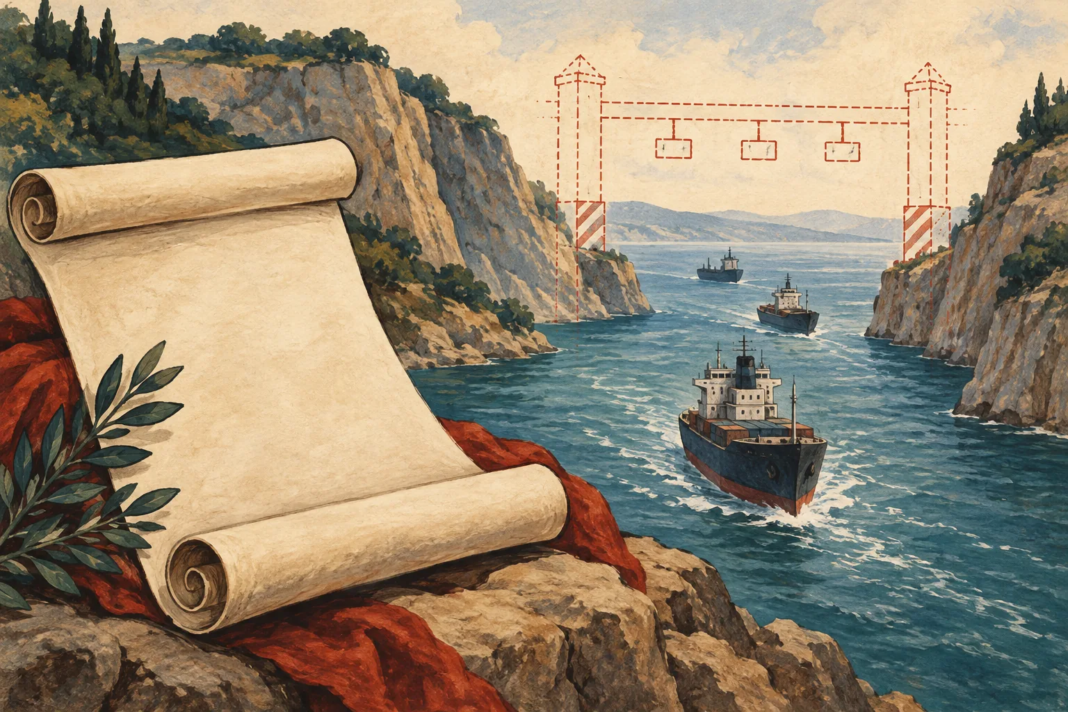 Illustration of a proposed toll gate beside a shipping passage and draft law.