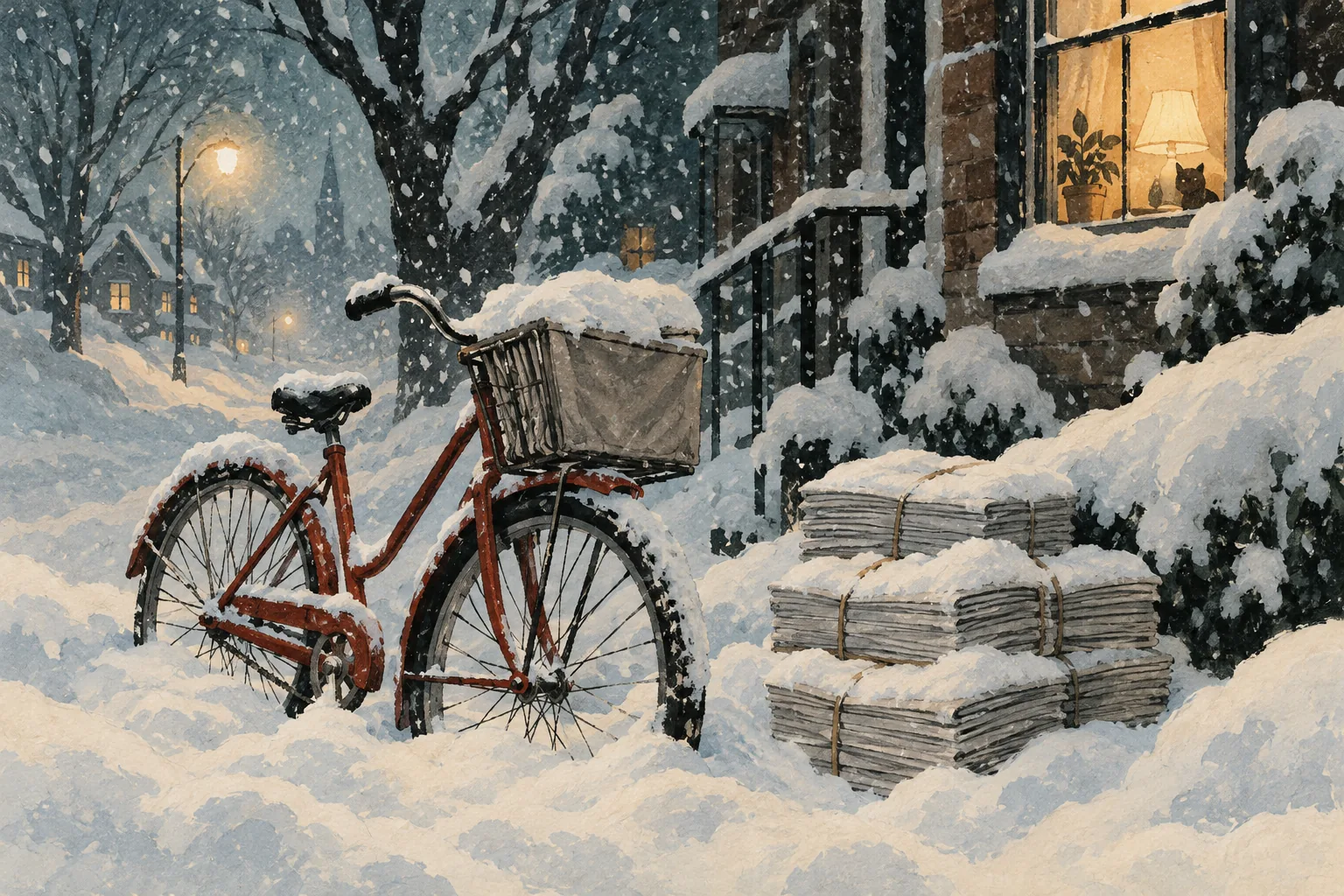 Illustration of snow interrupting newspaper delivery while a digital screen remains lit.