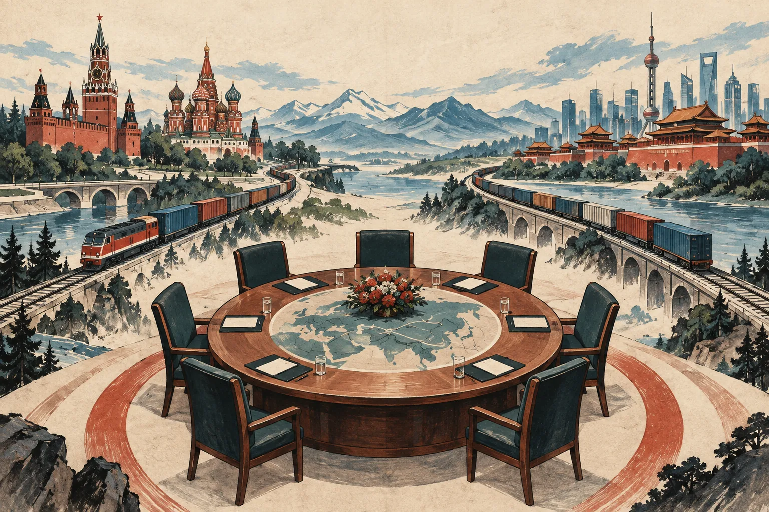 Illustration of diplomatic talks and trade routes linking two city skylines.
