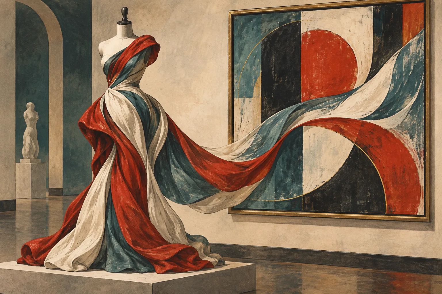 Illustration connecting a sculptural garment with a framed artwork.