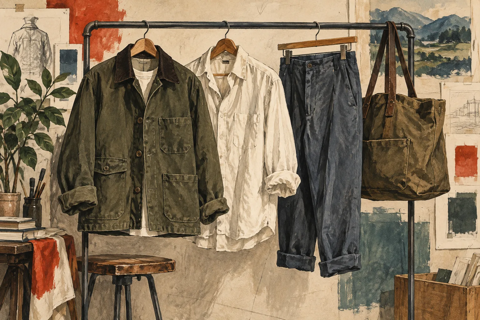Illustration of everyday menswear shapes arranged in a fashion studio.