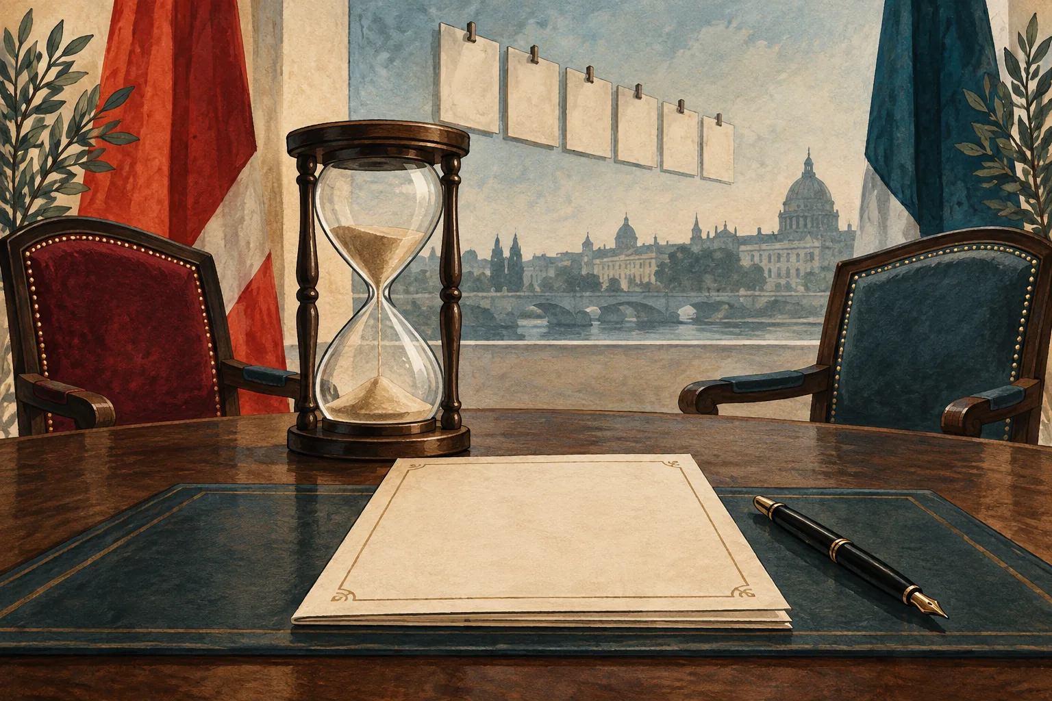 Illustration of an hourglass and an unsigned diplomatic proposal.